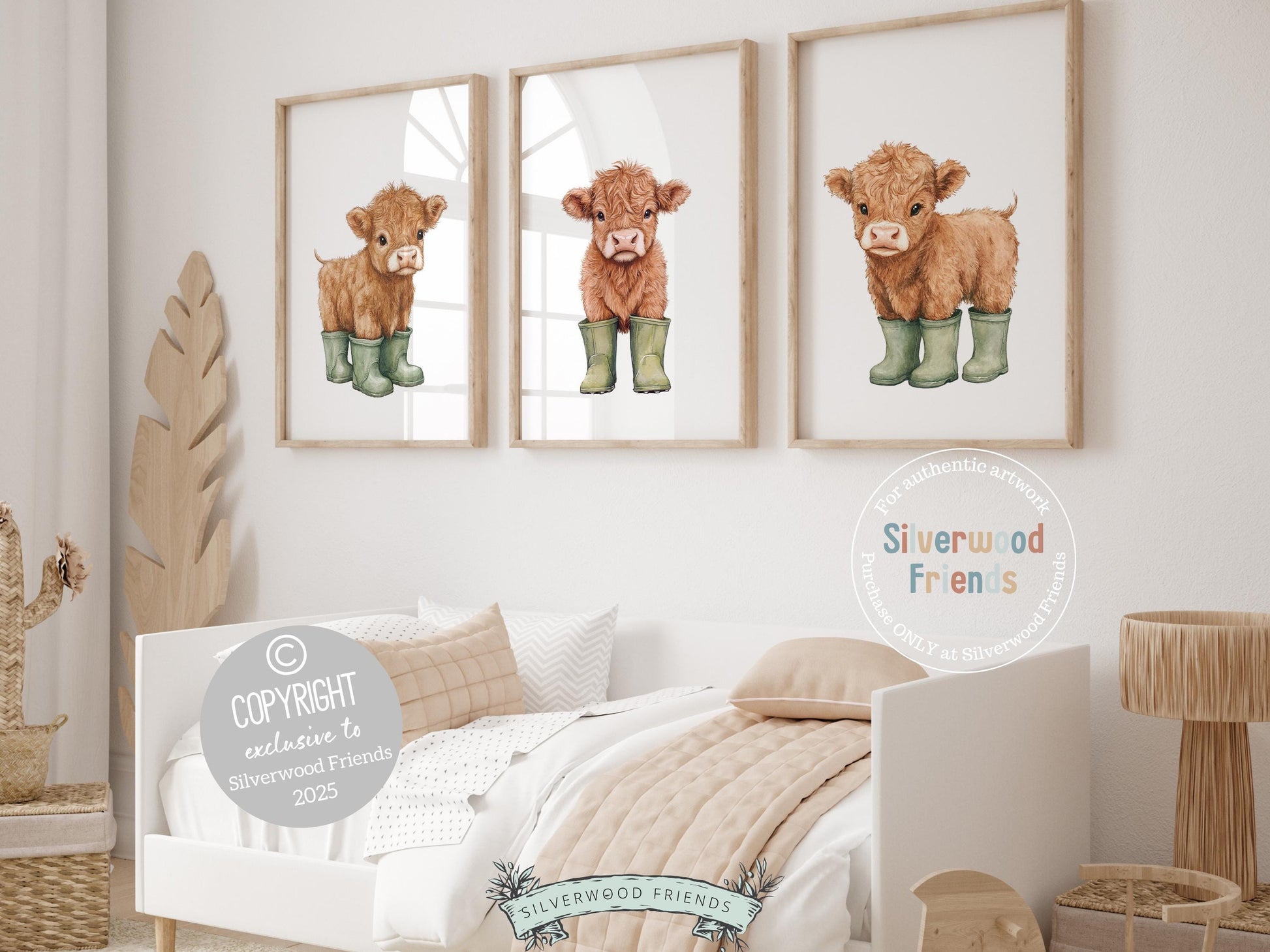 Our charming Highland Cow Prints showcase adorable watercolor baby highland cows in sage green rain boots, bringing the perfect blend of rustic charm and whimsy to any space. Designed for versatility, these prints make a delightful addition to both nursery decor and farmhouse mudroom wall art and make an adorable gender neutral farm baby shower gift!