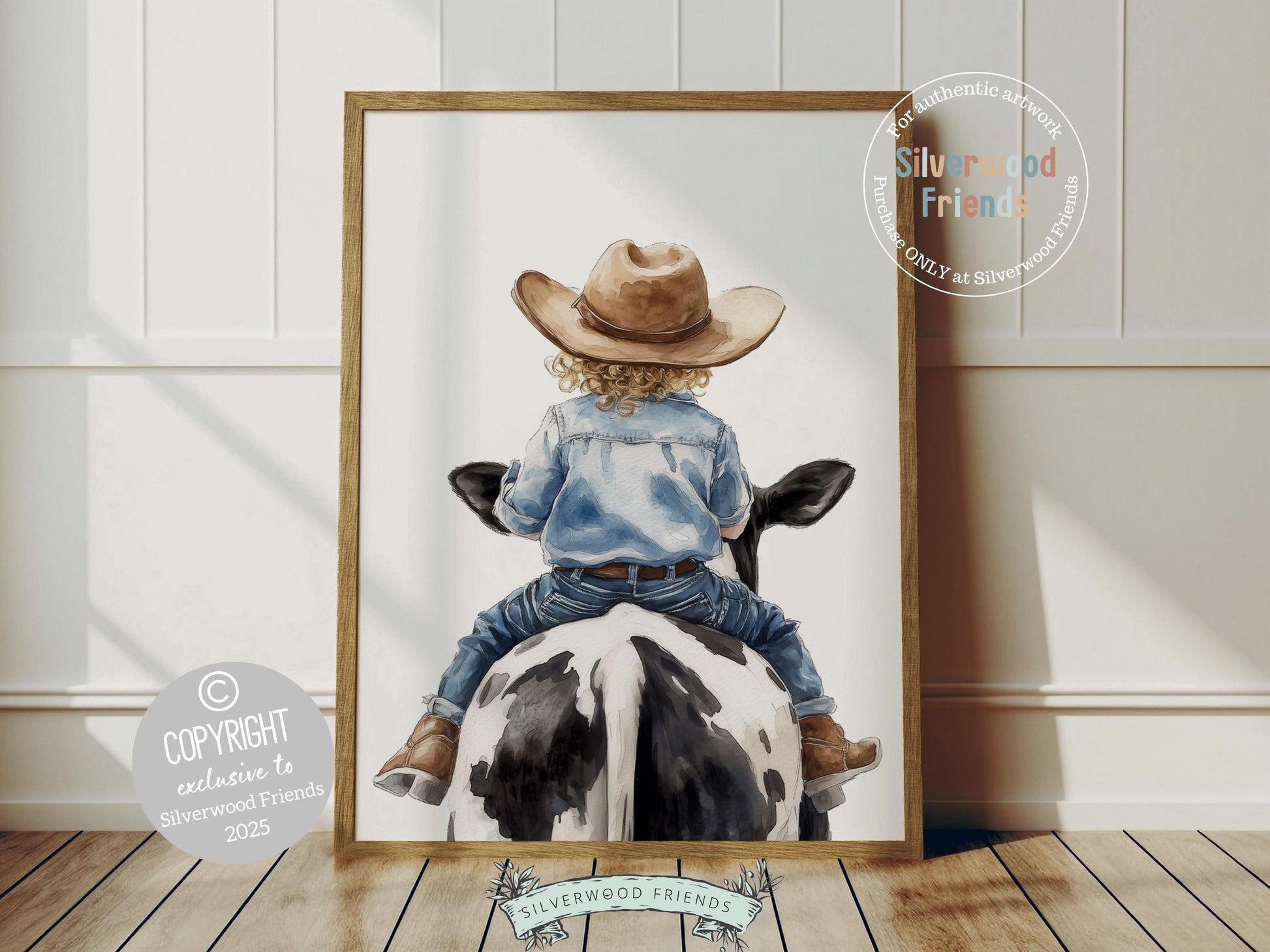 Saddle up for rustic charm with our Cowboy Nursery Print, featuring an adorable little cowboy riding a black and white cow. Perfect for a western-themed nursery, this whimsical artwork adds a touch of adventure and makes a cherished baby shower gift!