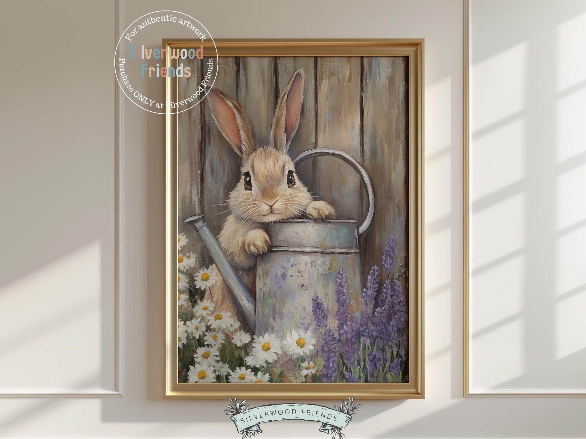 Add a touch of whimsy to your space with our charming Bunny Nursery Print, featuring a sweet bunny rabbit peeking out from behind a vintage watering can, surrounded by delicate wildflowers in a soft oil painting style. Perfect for Easter decor or a woodland wildflower themed nursery, it also makes a unique and thoughtful baby shower gift.