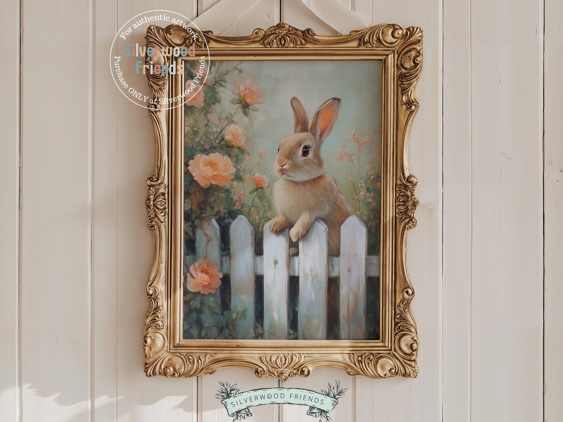Add a touch of whimsy to your space with our charming Bunny Nursery Print, showcasing a sweet bunny rabbit peeking over a rustic country fence, surrounded by soft peach wildflowers in a gentle oil painting style. Ideal for cozy Easter decor or a woodland wildflower themed nursery, it also makes a unique and heartfelt baby shower gift.