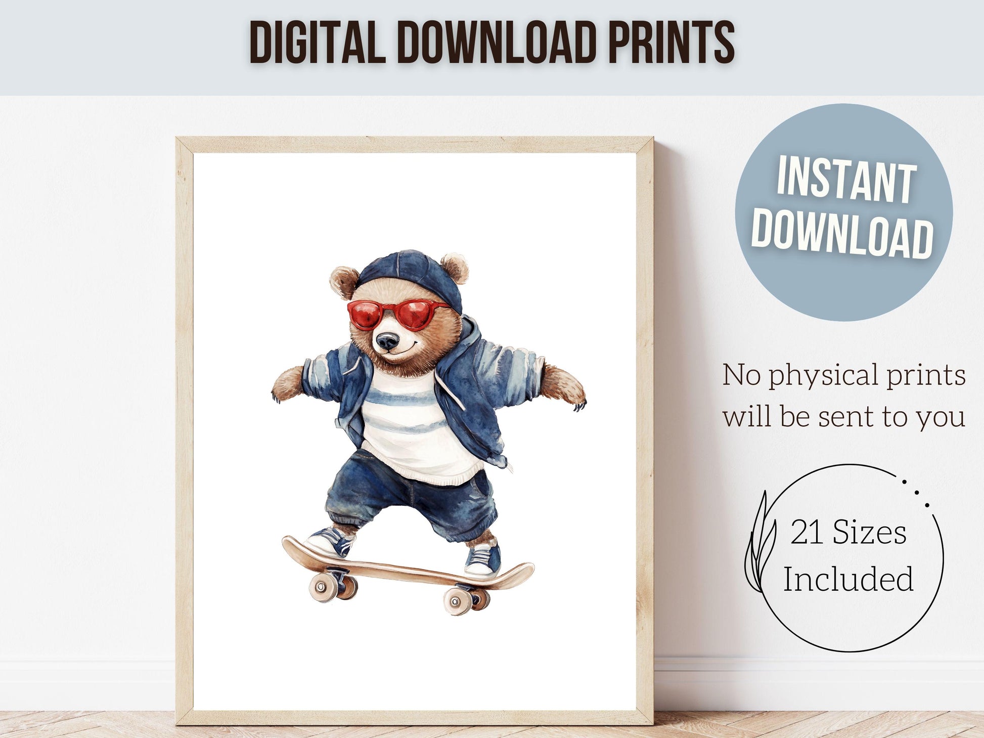 Bear Skateboard Nursery Print, Sports Bear Nursery Decor, Toddler Boys Skater Bear Nursery Wall Art, Kids Sport Theme Nursery Digital Prints