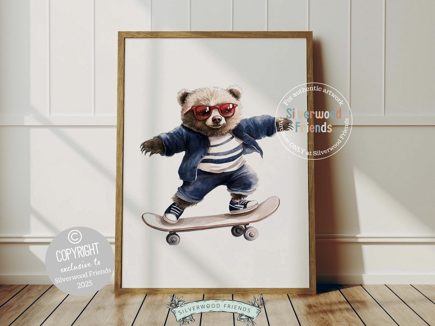 Add a playful touch to your little one&#39;s space with our Skateboarding Bear Nursery Print. Featuring a brown bear riding a skateboard, this print is perfect for a bear themed nursery or a sporty kids room. It also makes a fun and unique baby shower gift!