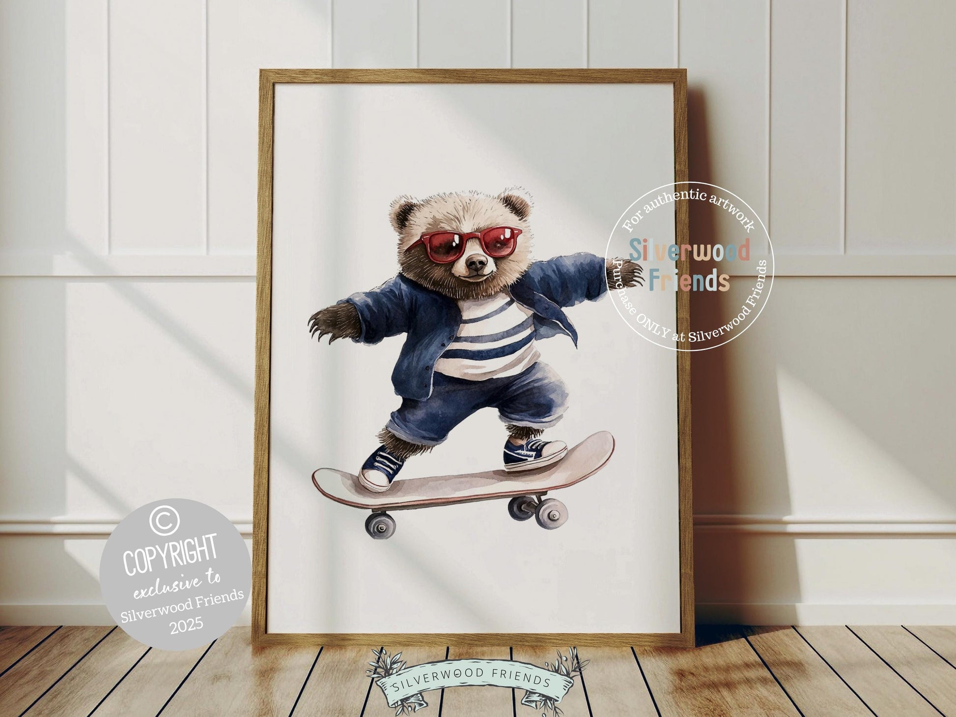 Add a playful touch to your little one&#39;s space with our Skateboarding Bear Nursery Print. Featuring a brown bear riding a skateboard, this print is perfect for a bear themed nursery or a sporty kids room. It also makes a fun and unique baby shower gift!