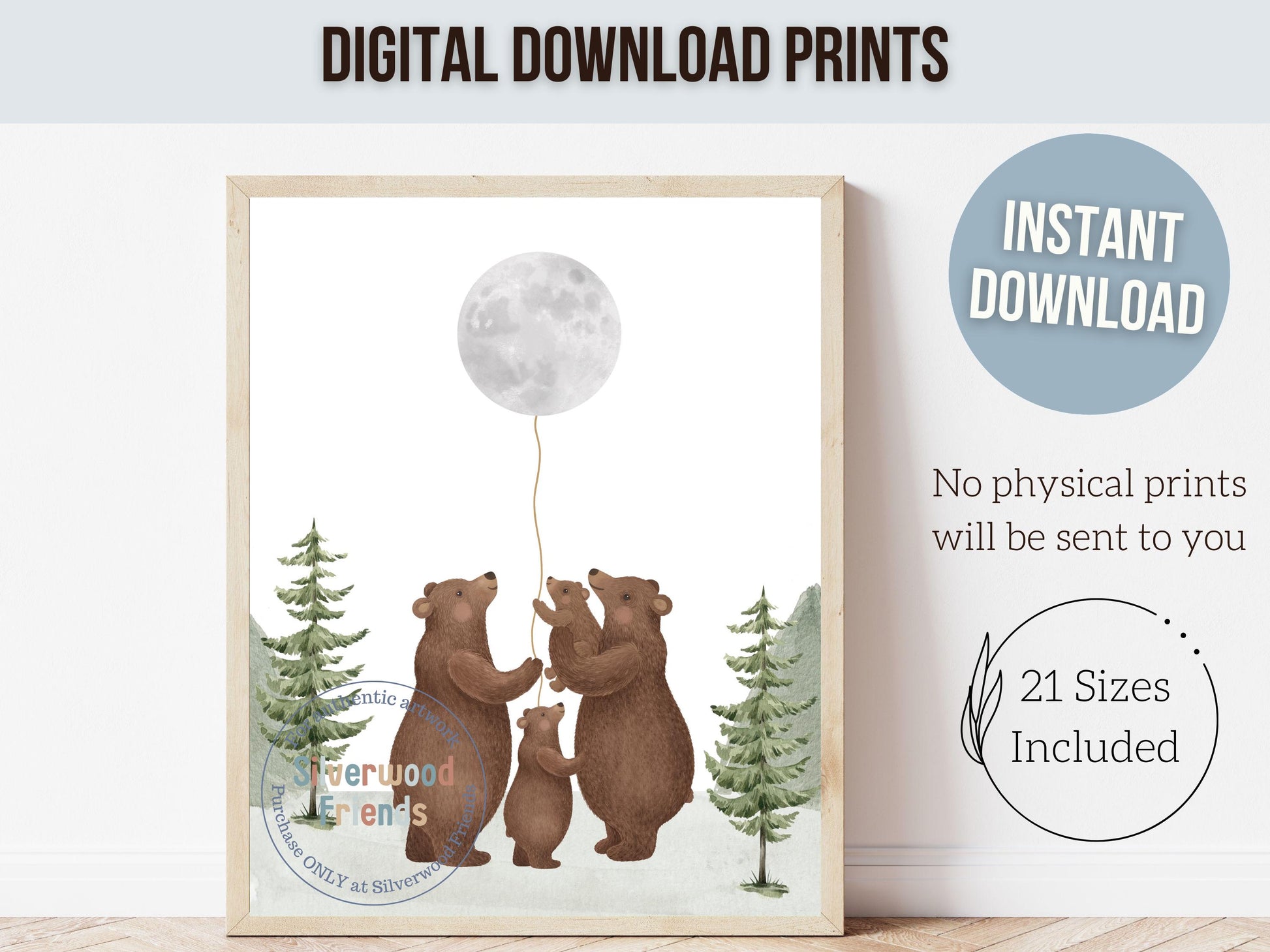 Bear Nursery Prints, Woodland Bear Nursery Decor, Mountain Nursery Print, Bear Baby Shower Gift, Love You To The Moon And Back Digital Print