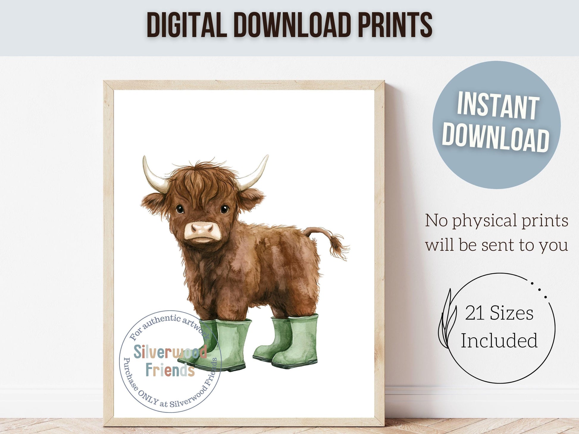 Highland Cow Nursery Prints, Sage Green Highland Cow Nursery Decor, Watercolor Highland Cow Gift, Kids Farm Bedroom Wall Decor Digital Print