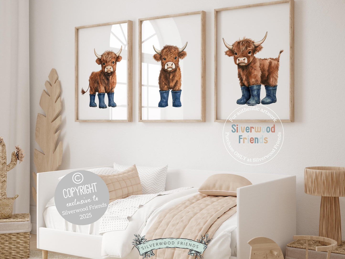 Our charming Highland Cow Prints showcase adorable watercolor brown baby highland cows in navy blue rain boots, bringing the perfect blend of rustic charm and whimsy to any space. Designed for versatility, these prints make a delightful addition to both nursery decor and farmhouse mudroom wall art and make an adorable gender neutral farm baby shower gift!