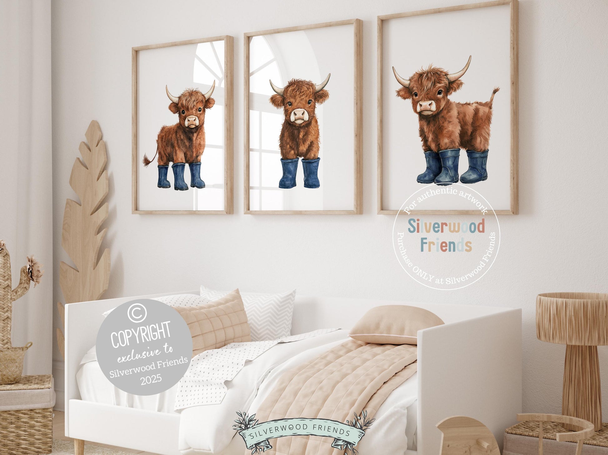 Our charming Highland Cow Prints showcase adorable watercolor brown baby highland cows in navy blue rain boots, bringing the perfect blend of rustic charm and whimsy to any space. Designed for versatility, these prints make a delightful addition to both nursery decor and farmhouse mudroom wall art and make an adorable gender neutral farm baby shower gift!