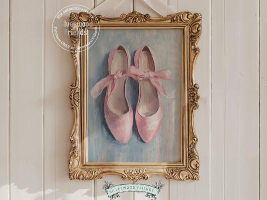 Add a touch of elegance to your baby girl&#39;s nursery with our Ballet Slipper Print, showcasing delicate pink ballet slippers in an oil-style digital painting. Perfect for ballet-themed nurseries or dance-inspired bedrooms, this charming artwork sparks imagination and brings graceful beauty to any space.