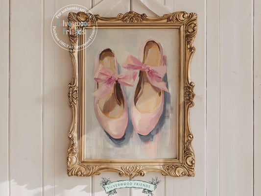 Add a touch of elegance to your baby girl&#39;s nursery with our Ballet Slipper Print, showcasing delicate pink ballet slippers in an oil-style digital painting. Perfect for ballet-themed nurseries or dance-inspired bedrooms, this charming artwork sparks imagination and brings graceful beauty to any space.