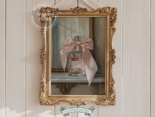 Add a hint of French elegance to your space with this stylish perfume bottle print, designed in an oil painting digital style. Perfect for a bedroom, bathroom, or teen girl&#39;s room, it brings a romantic, timeless charm to any decor.