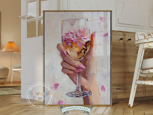 Celebrate in style with our Cheers Art Print, featuring a chic illustration of a girl&#39;s hand holding a champagne wine glass filled with vibrant flower petals. Perfect for social gathering spaces or trendy bar cart decor, this colorful artwork adds a fun, lively touch to your home.