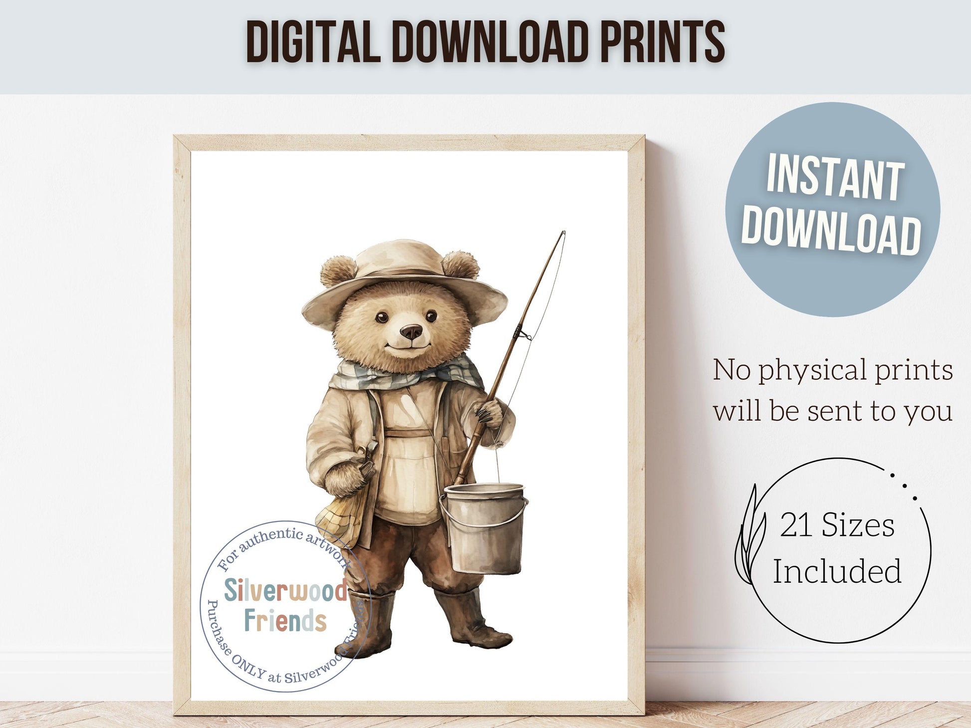 Teddy Bear Fishing Nursery Prints, Woodland Teddy Bear Fishing Nursery Decor, Kids Fishing Gifts, Kids Camping Nursery Decor Digital Print