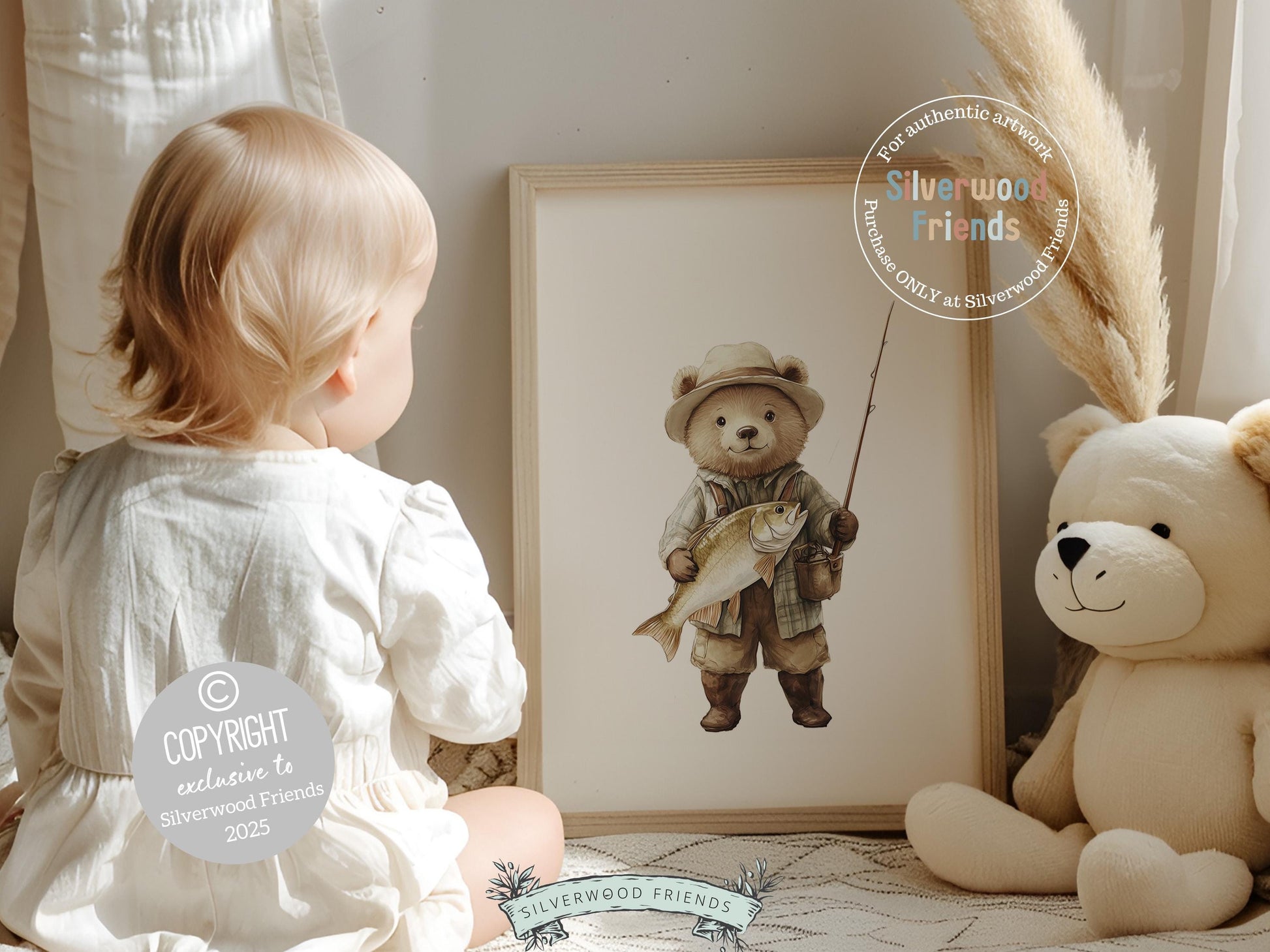 Teddy Bear Fishing Nursery Prints, Woodland Teddy Bear Fishing Nursery Decor, Kids Fishing Gifts, Kids Camping Nursery Decor Digital Print