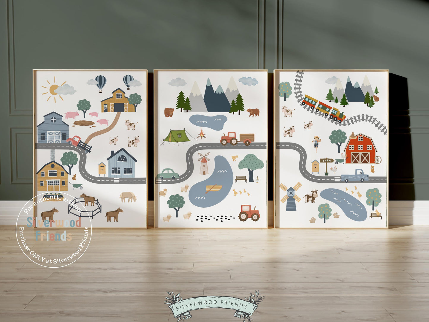 Farm Nursery Prints, Car Nursery Prints, Baby Boy Farm Animal Nursery Decor, Boys Transport Nursery Wall Art, Farm Road Map Digital Prints