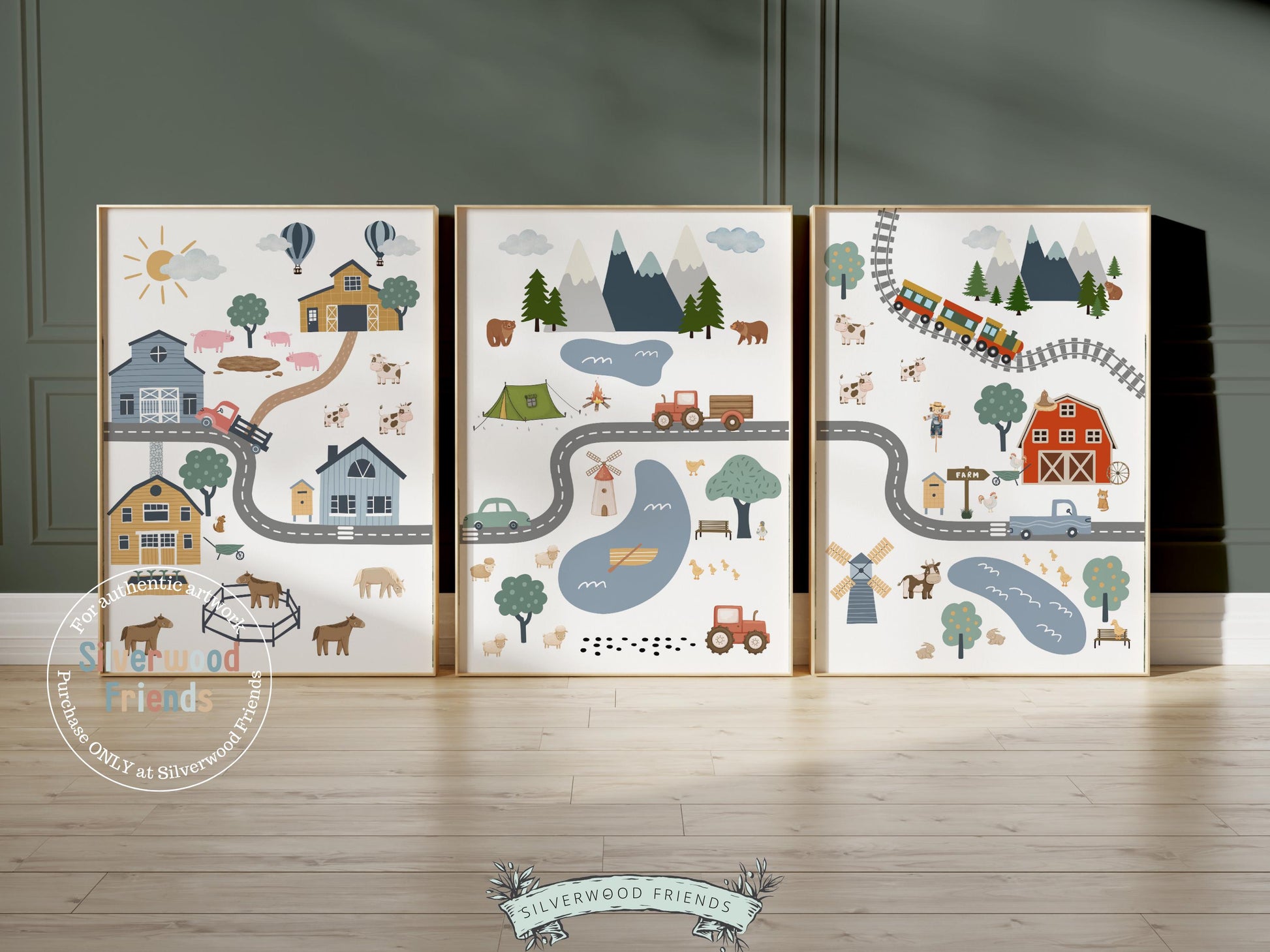 Farm Nursery Prints, Car Nursery Prints, Baby Boy Farm Animal Nursery Decor, Boys Transport Nursery Wall Art, Farm Road Map Digital Prints