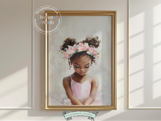 Bring elegance and inspiration to your baby girl&#39;s space with our Black Ballerina Nursery Print, featuring a sweet little ballerina in a soft pink tutu and floral crown. Perfect for ballet-themed nurseries or dance-inspired rooms, this charming artwork celebrates grace, confidence, and the joy of movement. 🩰🌸