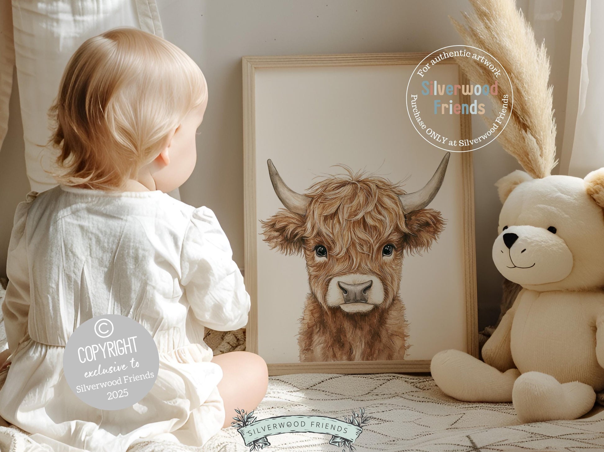 Peeking Highland Cow Nursery Print, Baby Highland Cow Nursery Decor Gift, Gender Neutral Baby Farm Animal Nursery Wall Decor Digital Print