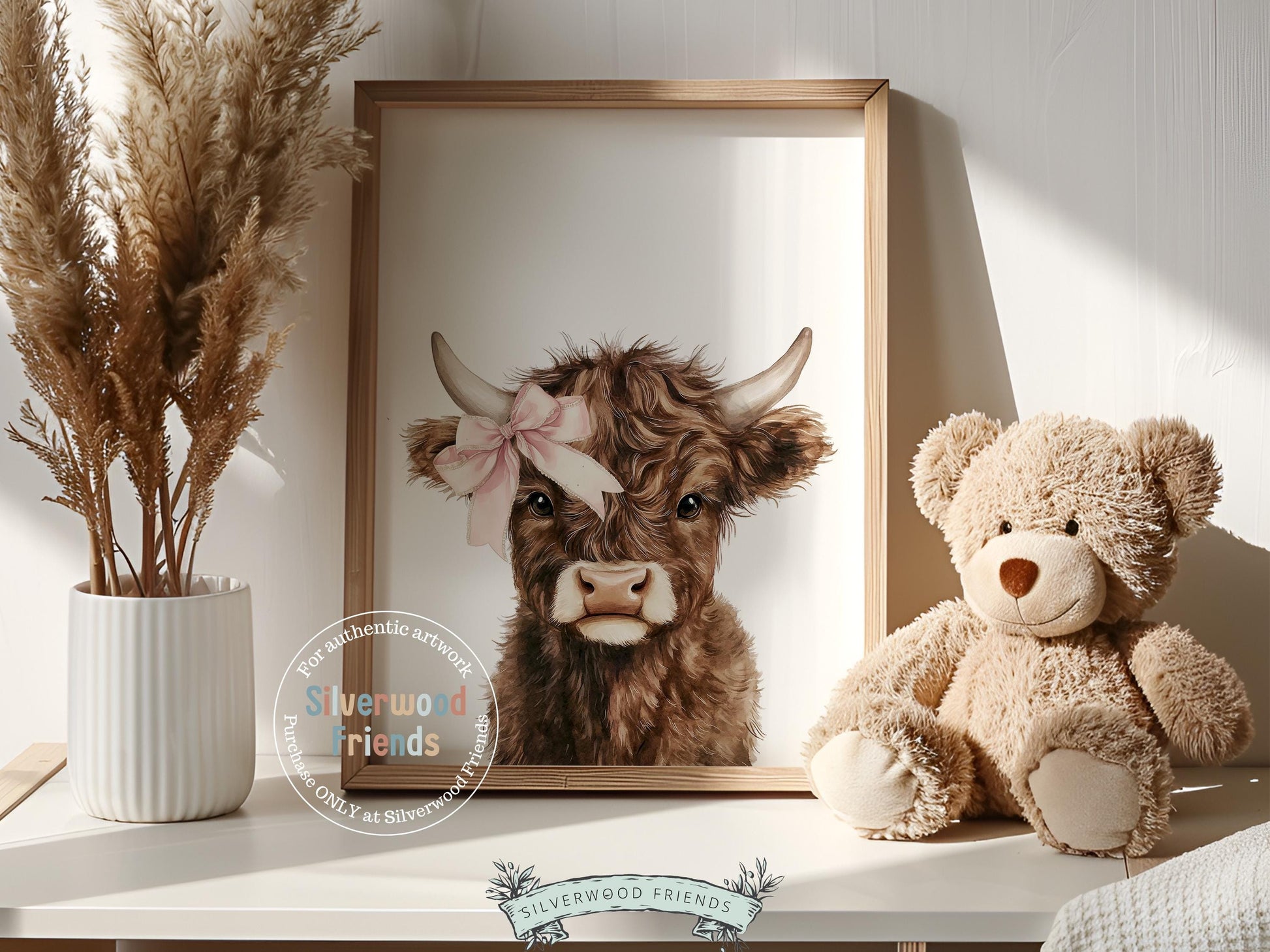 Peeking Highland Cow Nursery Print, Baby Girl Highland Cow Bow Nursery Decor, Western Cowgirl Country Farm Nursery Wall Decor Digital Print