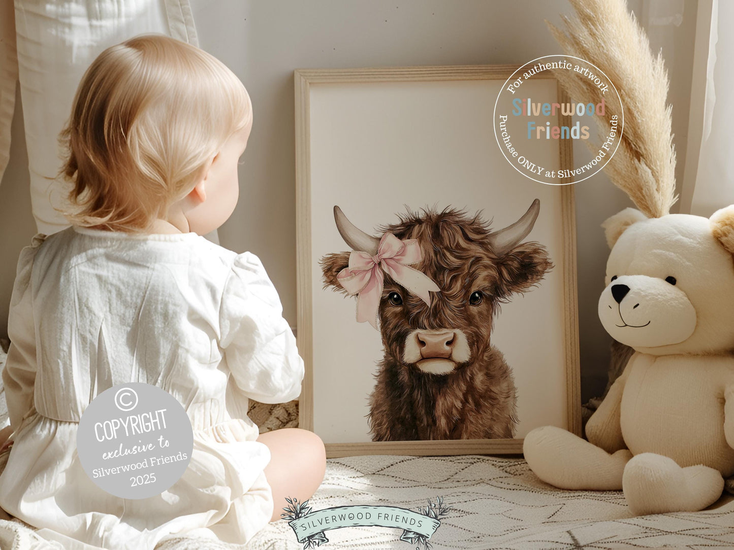 Peeking Highland Cow Nursery Print, Baby Girl Highland Cow Bow Nursery Decor, Western Cowgirl Country Farm Nursery Wall Decor Digital Print