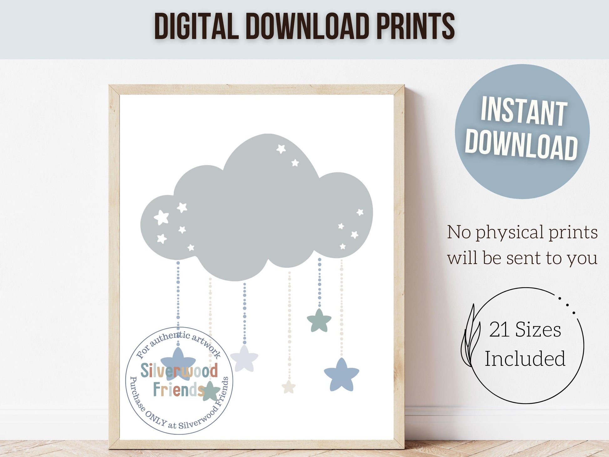 Cloud Moon Stars Nursery Prints, Boys Outer Space Nursery Decor, Boho Kids Night Sky Room Decor, Celestial Nursery Wall Art Digital Print