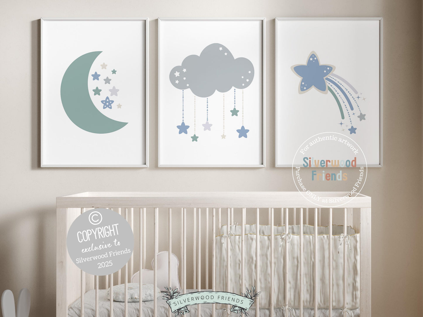 Create a peaceful, dreamy atmosphere in your little one’s space with our minimalist Set of 3 Boho Baby Nursery Prints, featuring a moon, cloud, and shooting stars in soothing sage green, soft blue, and gentle grey tones. This serene set is perfect for a calming nursery and makes a thoughtful, gender-neutral baby shower gift. 🌙☁️⭐