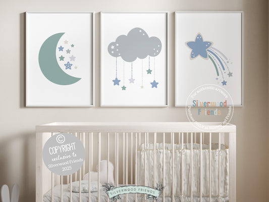 Create a peaceful, dreamy atmosphere in your little one’s space with our minimalist Set of 3 Boho Baby Nursery Prints, featuring a moon, cloud, and shooting stars in soothing sage green, soft blue, and gentle grey tones. This serene set is perfect for a calming nursery and makes a thoughtful, gender-neutral baby shower gift. 🌙☁️⭐