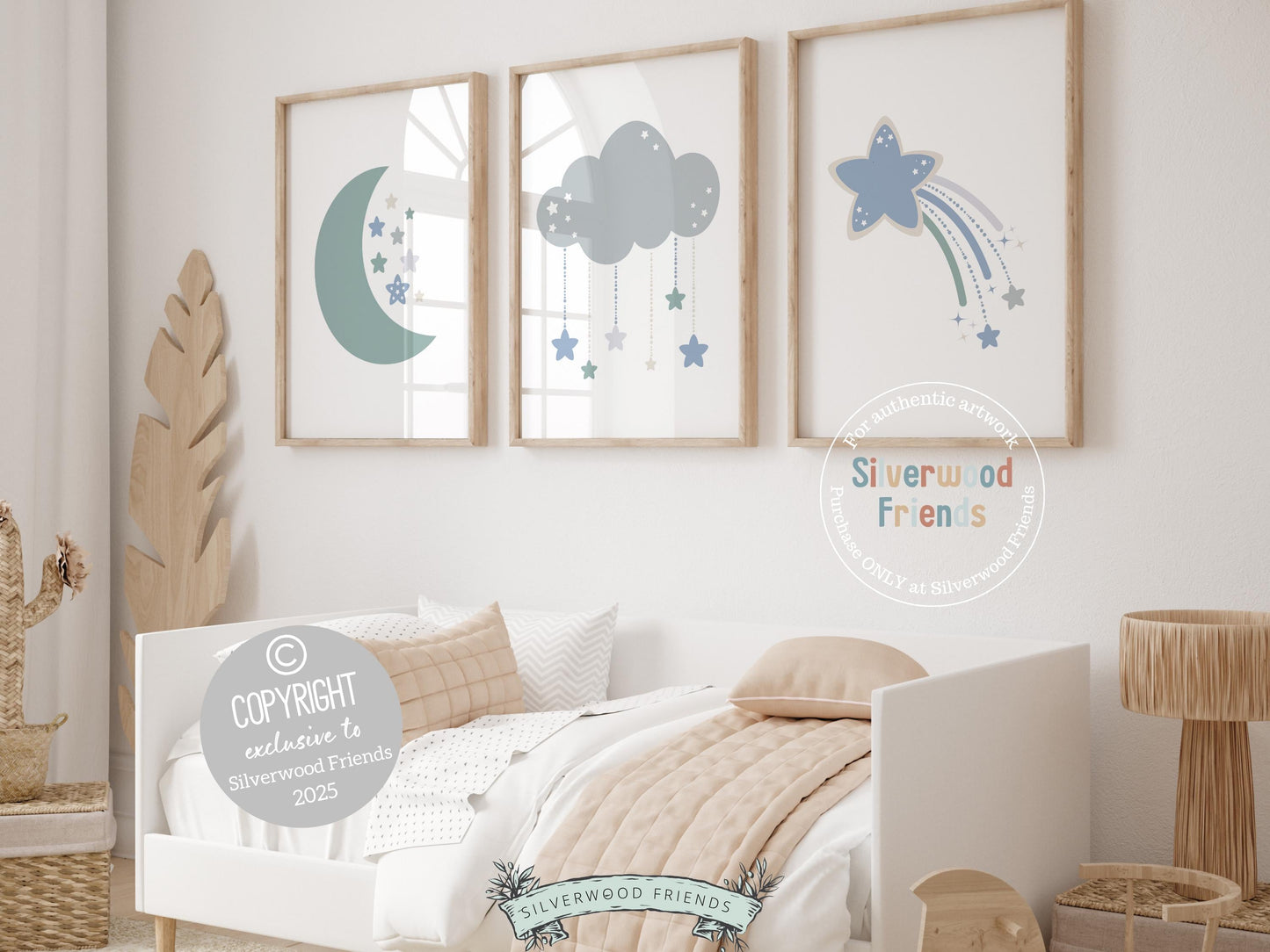 Create a peaceful, dreamy atmosphere in your little one’s space with our minimalist Set of 3 Boho Baby Nursery Prints, featuring a moon, cloud, and shooting stars in soothing sage green, soft blue, and gentle grey tones. This serene set is perfect for a calming nursery and makes a thoughtful, gender-neutral baby shower gift. 🌙☁️⭐