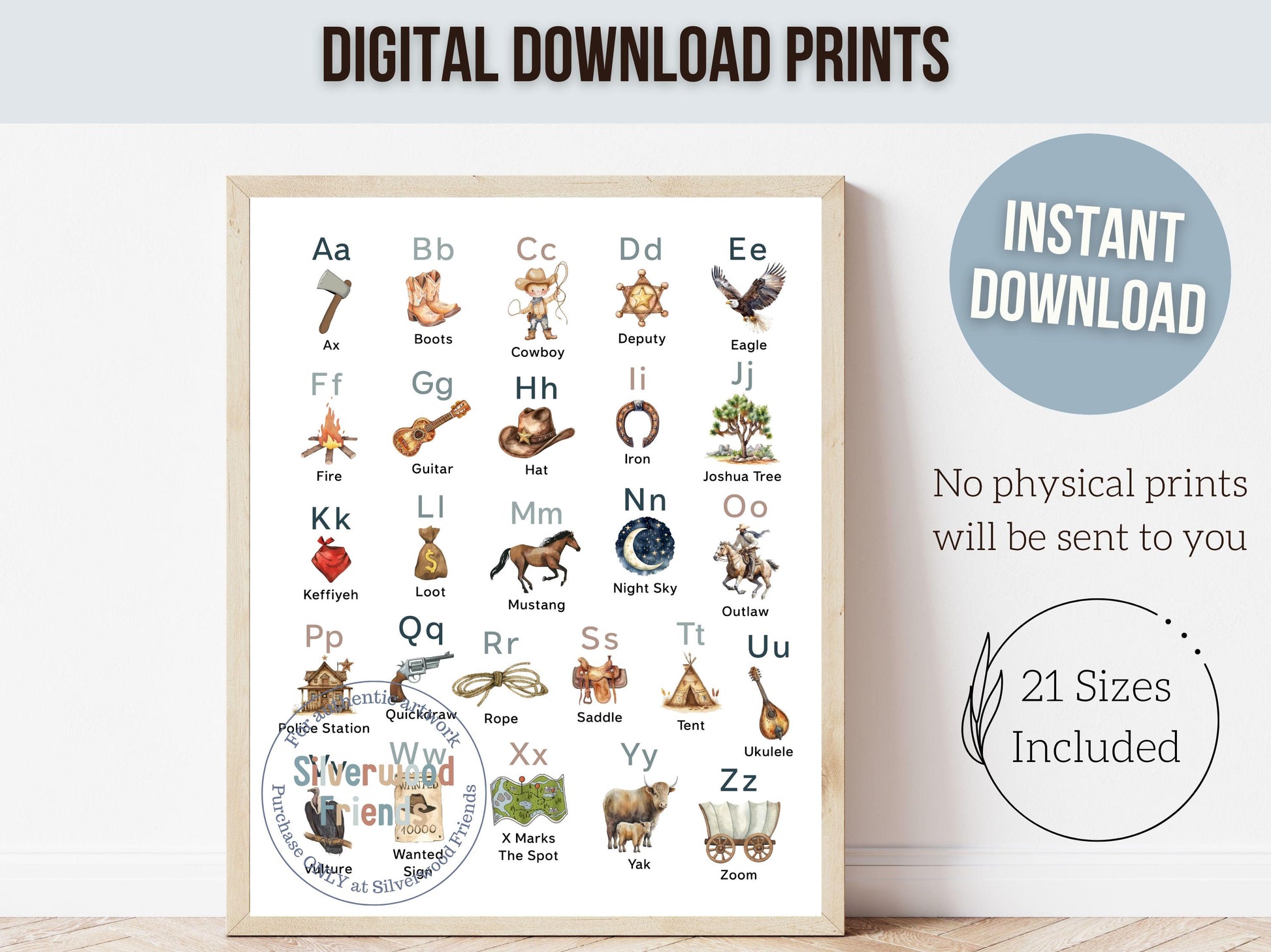 Cowboy Western Alphabet Print, Western ABC Print, Boys Nursery Decor, Boys Rodeo Playroom Poster, Educational Classroom Poster Digital Print
