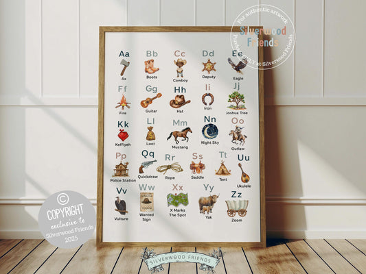 Add a touch of Western charm to your boy’s nursery with our Cowboy Alphabet Print. Featuring beautiful watercolor illustrations, this print makes learning fun and are the perfect blend of decor and education—ideal for a cowboy-themed nursery or a thoughtful, unique baby shower gift.