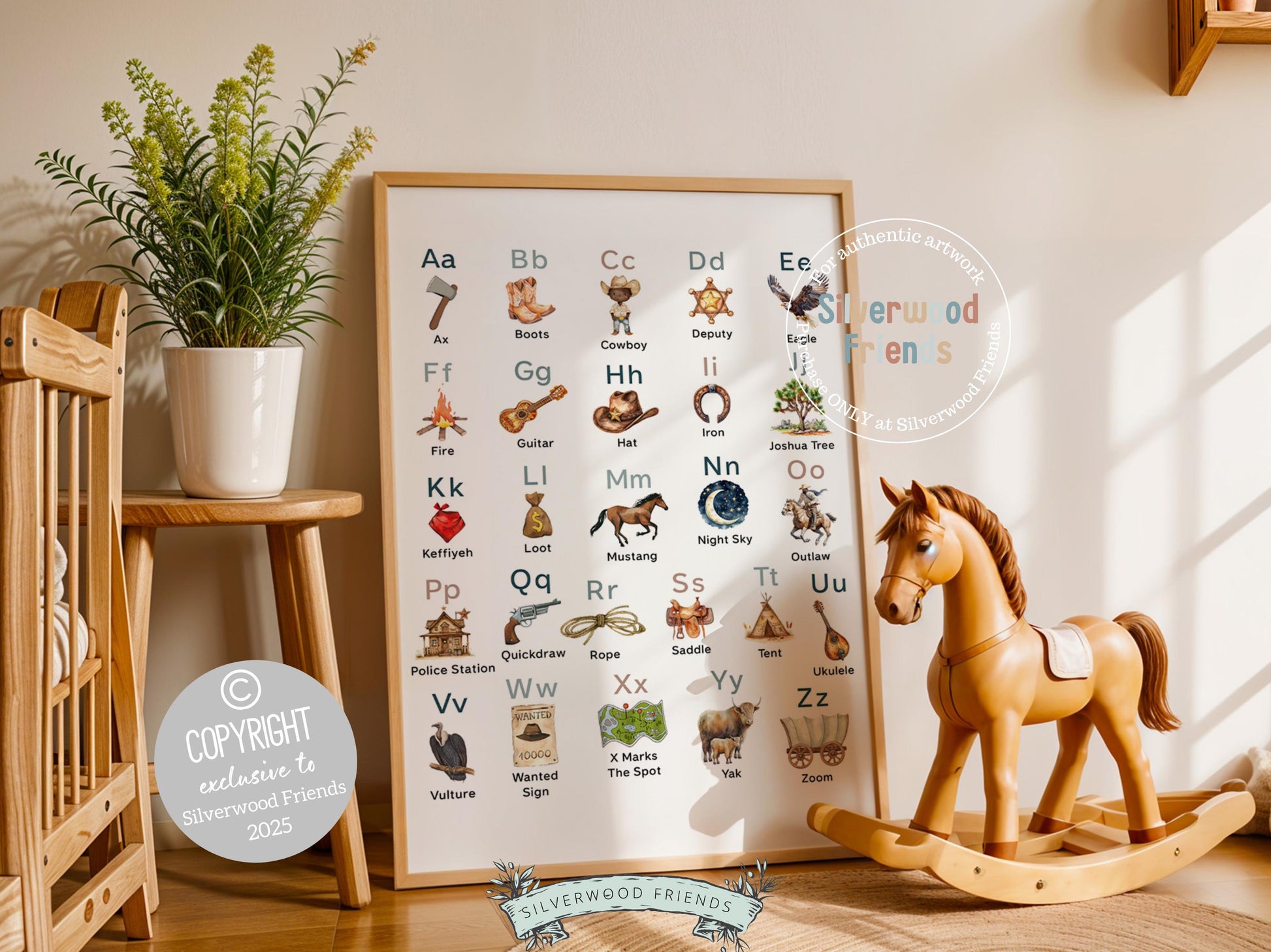 Cowboy Western Alphabet Print, African American Boys Rodeo Nursery Decor, Boy Playroom Poster Educational Classroom ABC Poster Digital Print