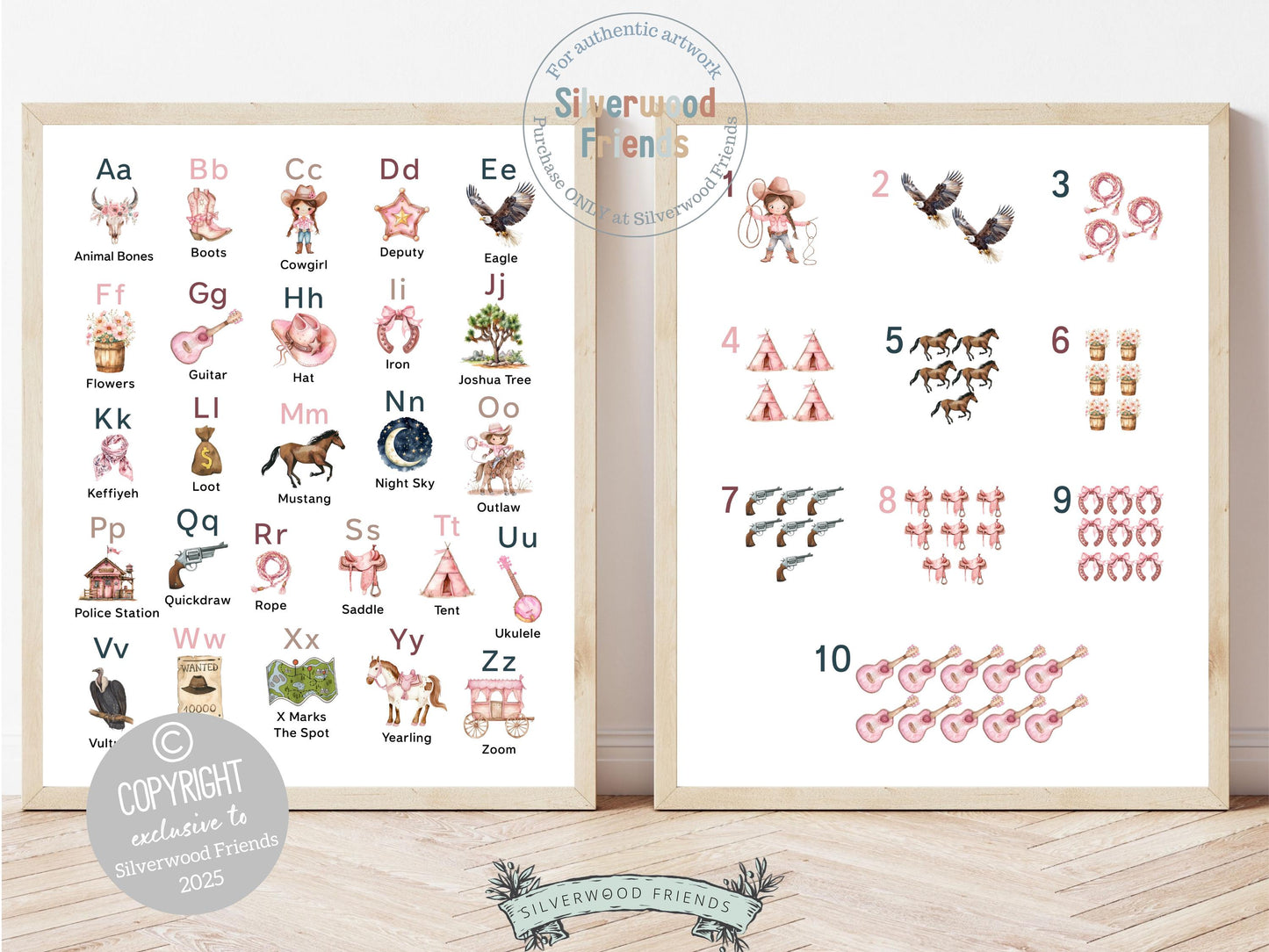 Add a touch of Western charm to your baby girl&#39;s nursery with our Cowgirl Alphabet and Number Prints. Featuring beautiful watercolor illustrations, these prints make learning fun and are the perfect blend of decor and education—ideal for a western-themed nursery or a thoughtful, unique baby shower gift.