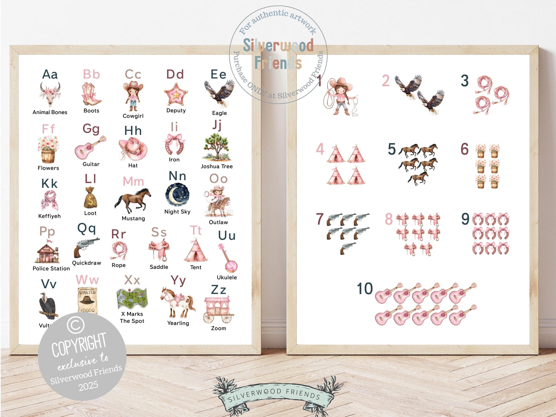 Add a touch of Western charm to your baby girl&#39;s nursery with our Cowgirl Alphabet and Number Prints. Featuring beautiful watercolor illustrations, these prints make learning fun and are the perfect blend of decor and education—ideal for a western-themed nursery or a thoughtful, unique baby shower gift.