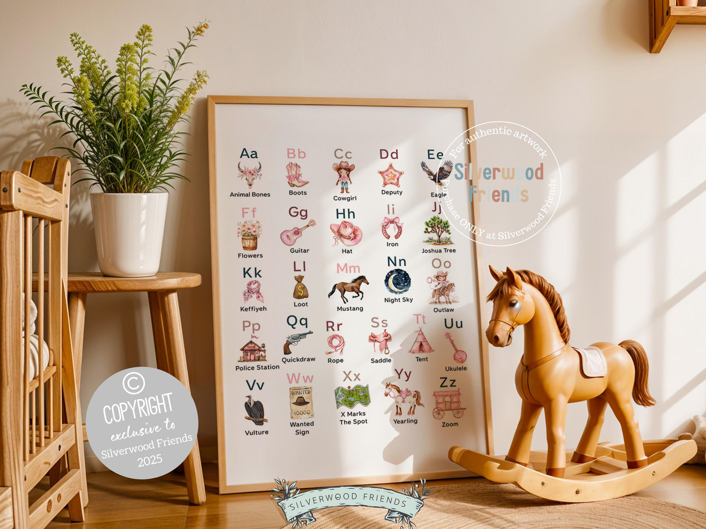 Cowgirl Alphabet Nursery Print, Baby Girl Western Nursery Decor, Farmhouse Playroom Decor, Educational Classroom ABC Poster Digital Print