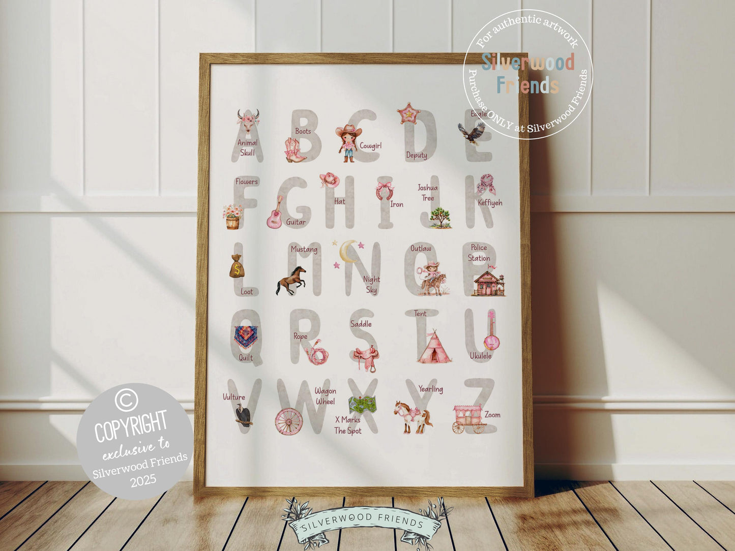 Add a touch of Western charm to your baby girl’s nursery with our Cowgirl Alphabet Print. Featuring soft watercolor illustrations in a beautiful palette of pink, grey, and maroon, this print makes learning fun while doubling as stylish decor—perfect for a cowgirl-themed nursery or a thoughtful, one-of-a-kind baby shower gift.
