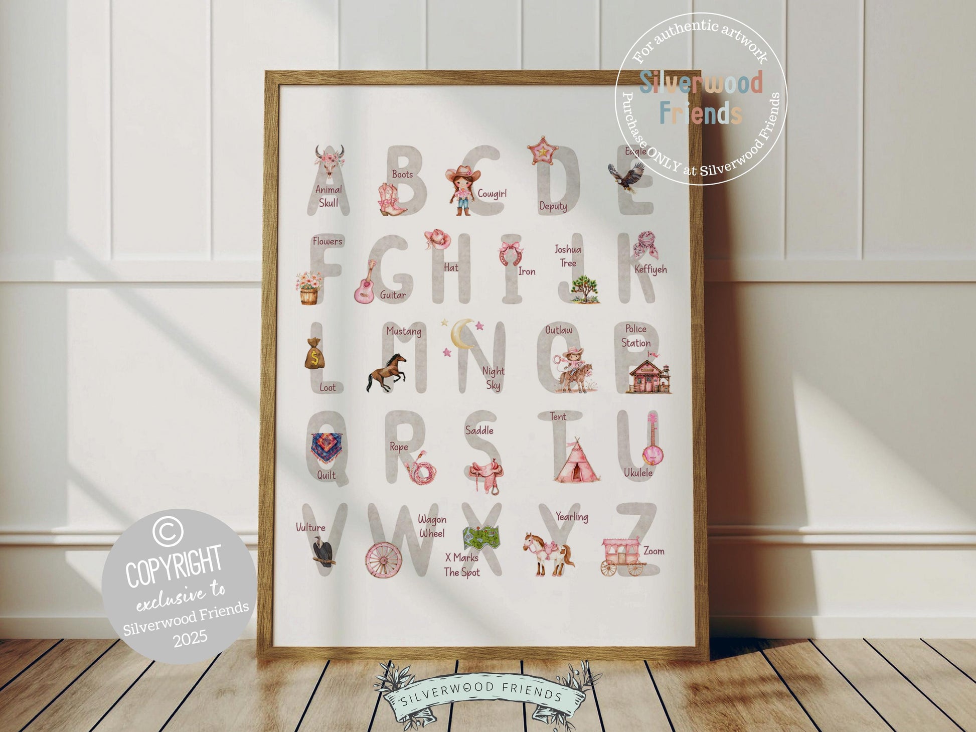 Add a touch of Western charm to your baby girl’s nursery with our Cowgirl Alphabet Print. Featuring soft watercolor illustrations in a beautiful palette of pink, grey, and maroon, this print makes learning fun while doubling as stylish decor—perfect for a cowgirl-themed nursery or a thoughtful, one-of-a-kind baby shower gift.