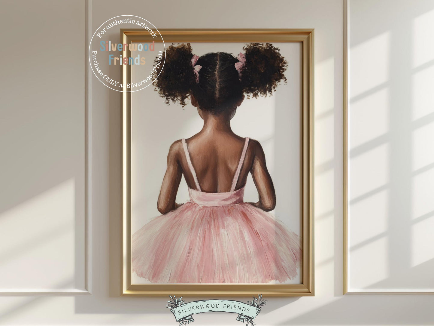 Add a touch of grace to your baby girl&#39;s room with our Ballet Nursery Print, featuring a sweet rear-view portrait of an African American little ballerina in a pink tutu. Perfect for ballet themed nurseries or dance inspired spaces, this charming artwork sparks imagination and celebrates the beauty of movement and dreams.