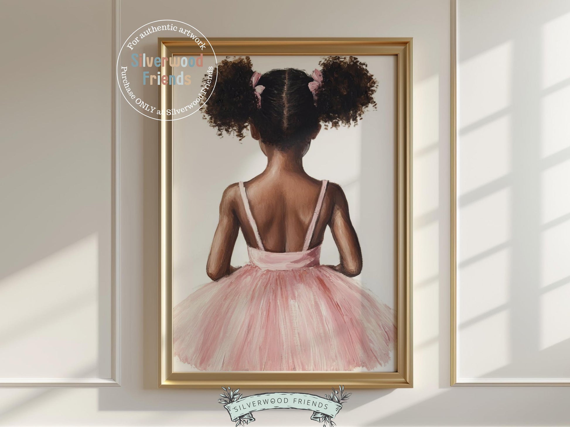Add a touch of grace to your baby girl&#39;s room with our Ballet Nursery Print, featuring a sweet rear-view portrait of an African American little ballerina in a pink tutu. Perfect for ballet themed nurseries or dance inspired spaces, this charming artwork sparks imagination and celebrates the beauty of movement and dreams.