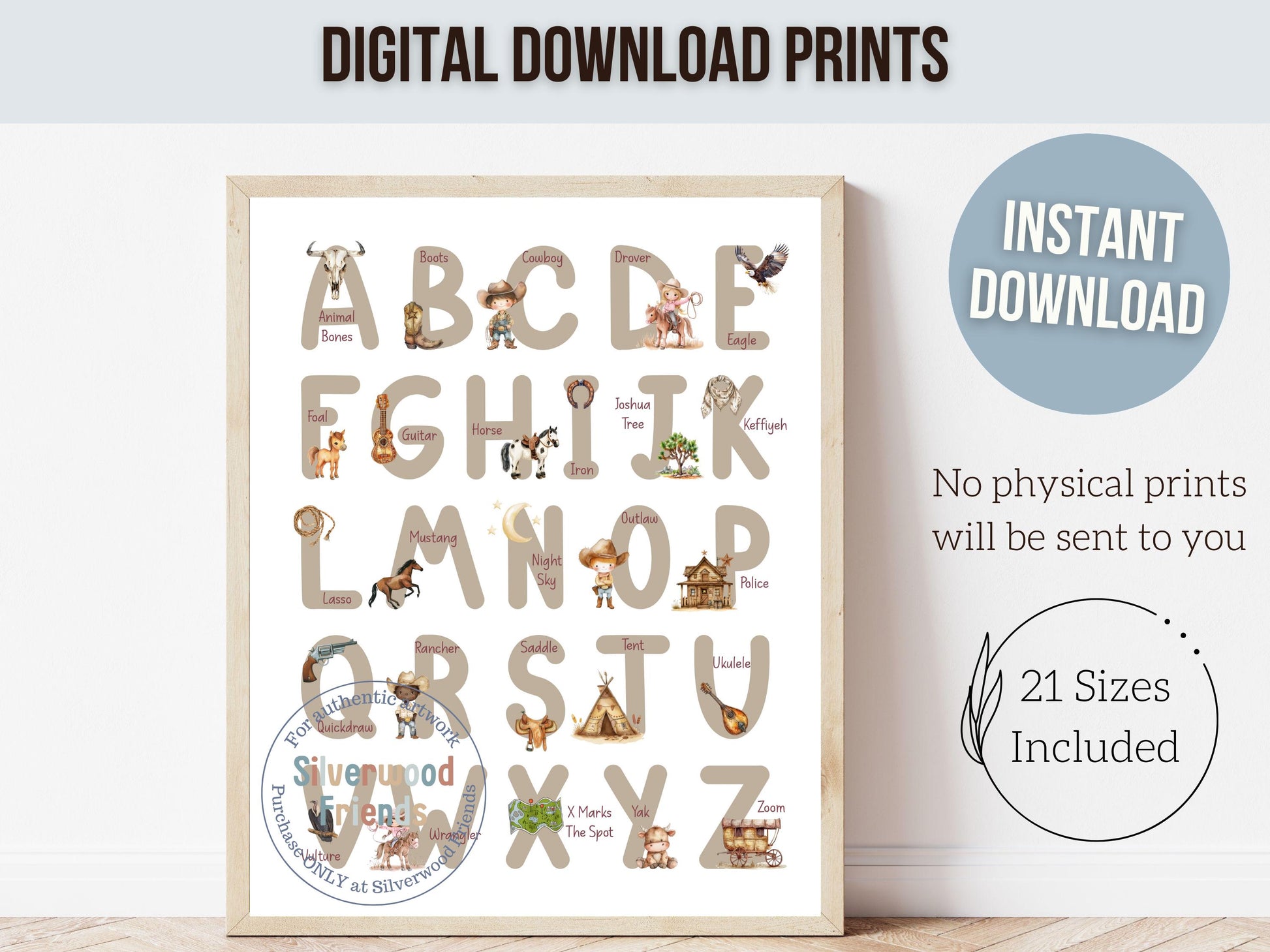 Cowboy Alphabet and Number Print, Gender Neutral Western Nursery Decor, Cowgirl Alphabet Print, Baby Boy Cowboy Nursery Decor Digital Print