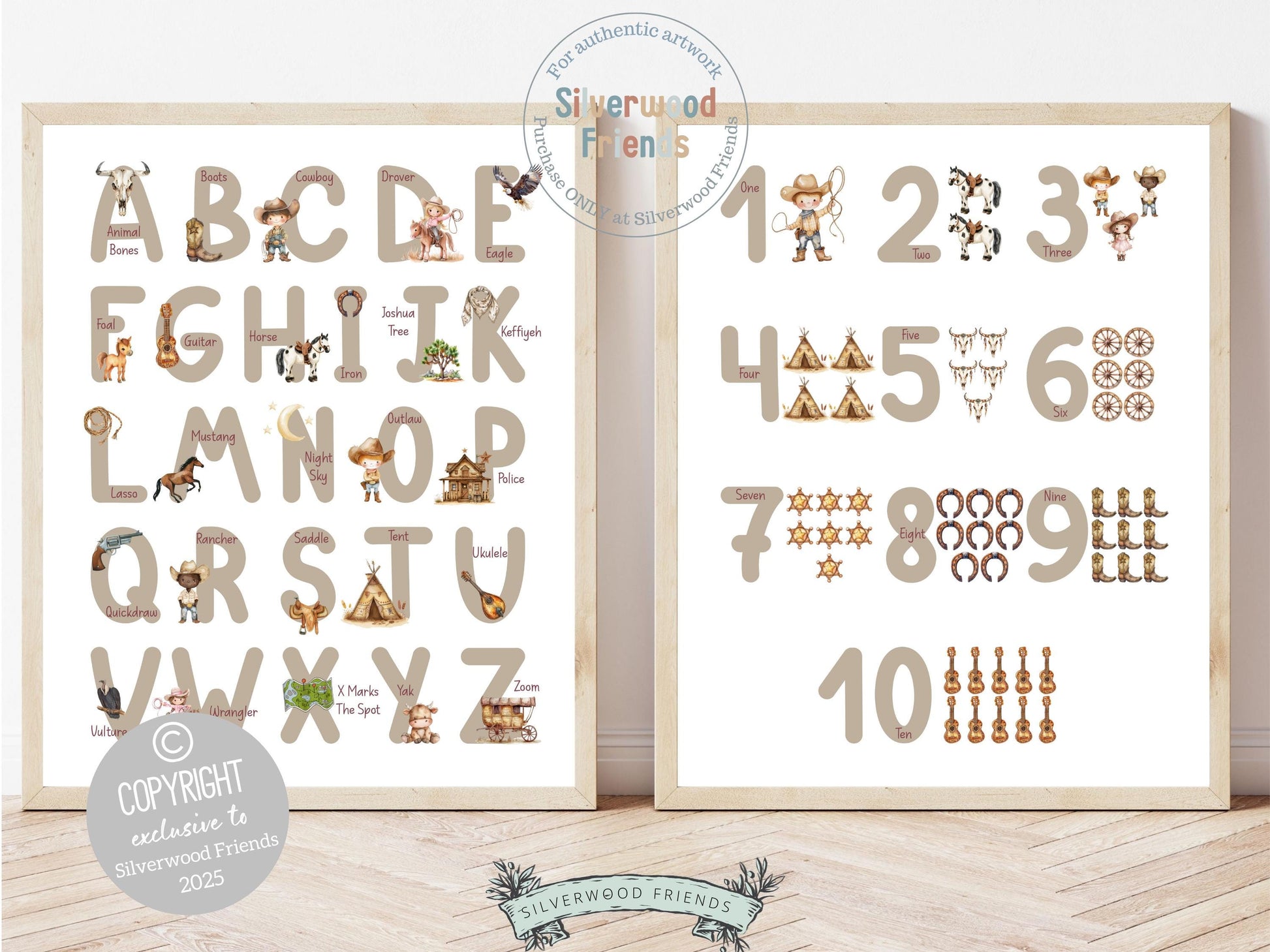 Bring the spirit of the Wild West to your nursery with our Western Alphabet and Number Prints. Featuring watercolor illustrations in soft, neutral earth tones, these prints make learning fun while adding a warm, rustic touch—perfect for any Western-themed nursery or a unique, gender-neutral baby shower gift.
