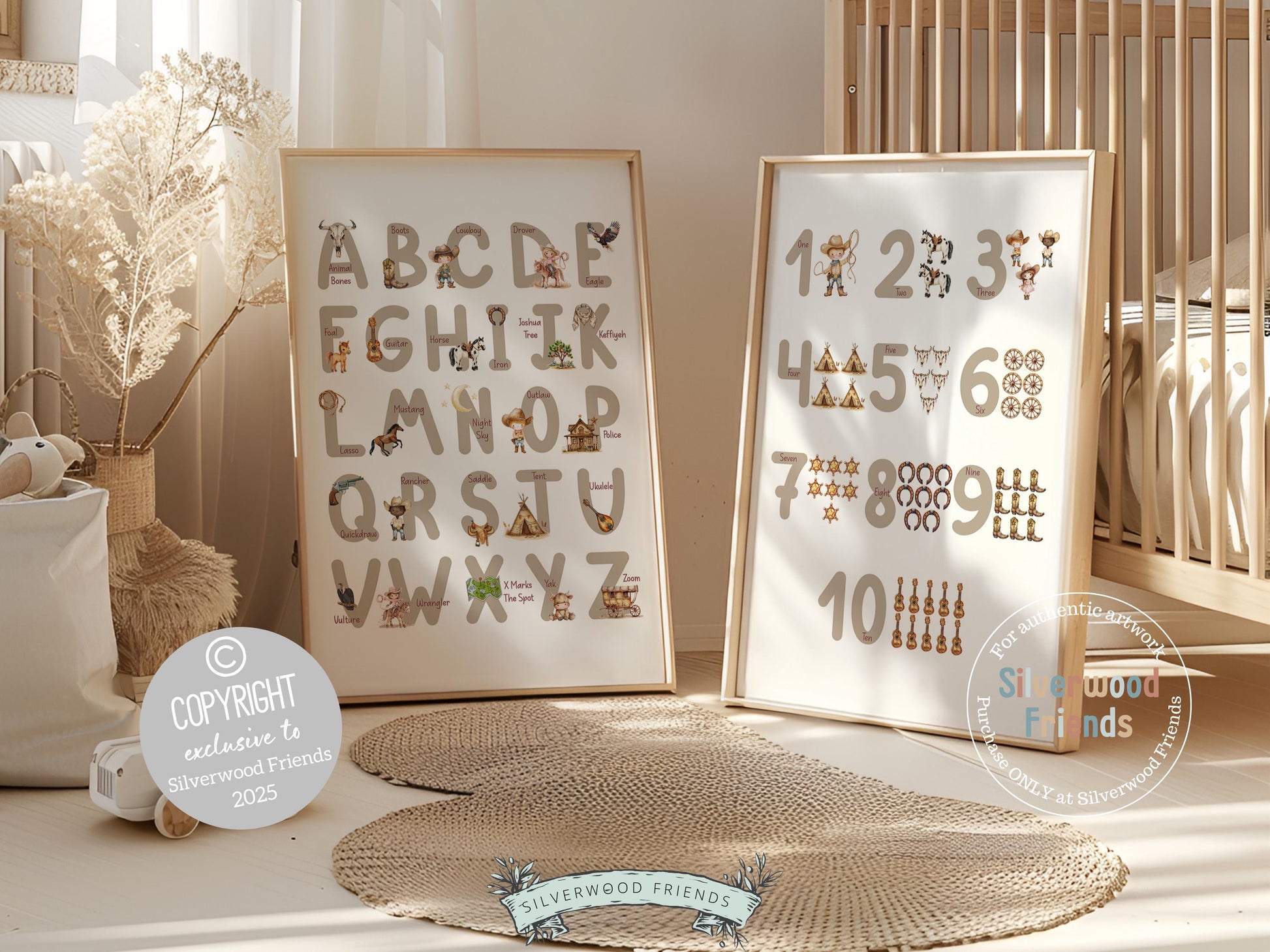 Cowboy Alphabet and Number Print, Gender Neutral Western Nursery Decor, Cowgirl Alphabet Print, Baby Boy Cowboy Nursery Decor Digital Print