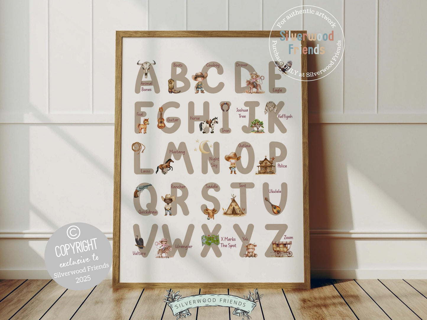 Bring the spirit of the Wild West to your nursery with our Western Alphabet Print. Featuring watercolor illustrations in soft, neutral earth tones, this print makes learning fun while adding a warm, rustic touch—perfect for any Western-themed nursery or a unique, gender-neutral baby shower gift.