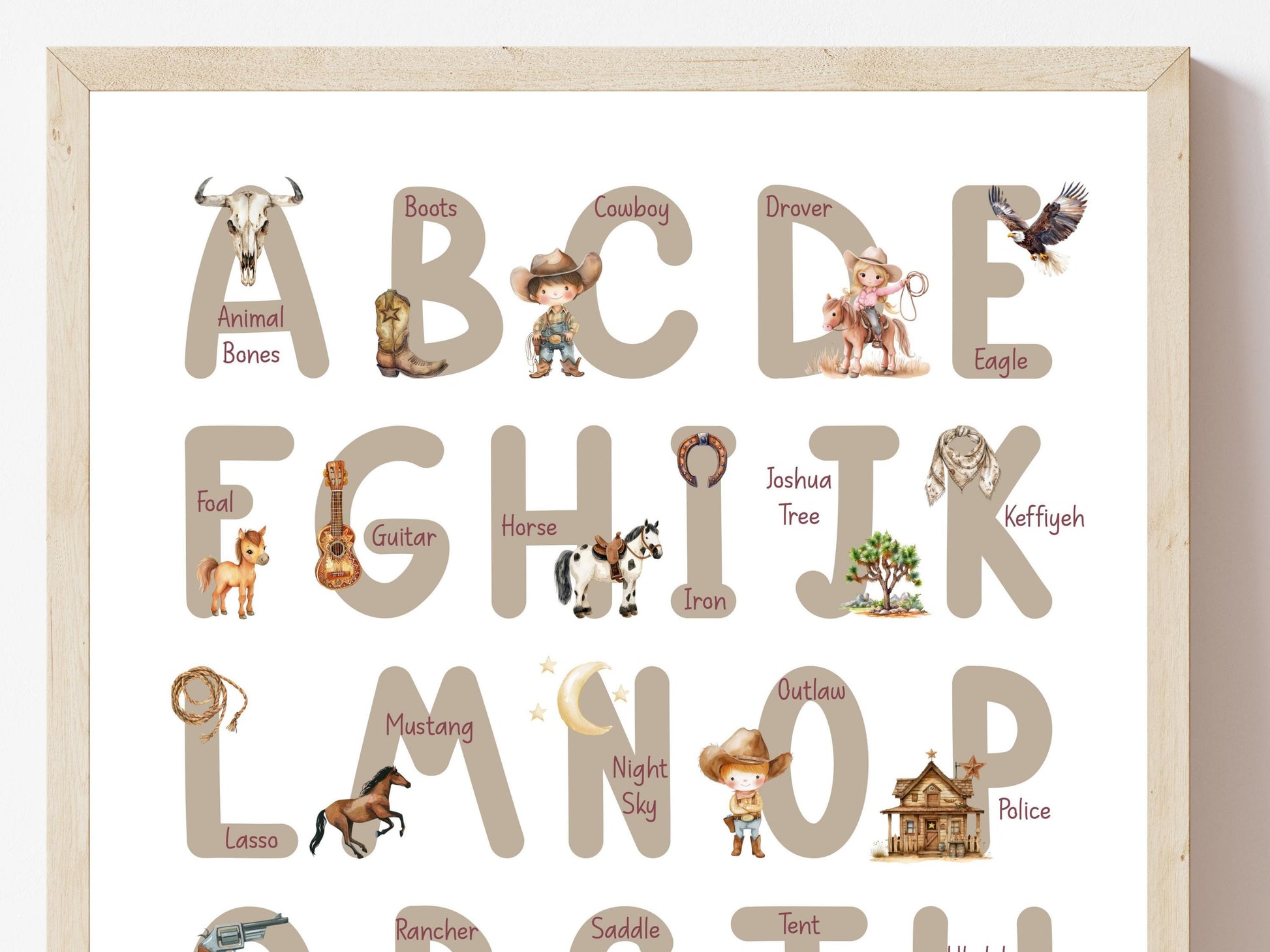 Cowboy Alphabet Print, Gender Neutral Western Alphabet Nursery Decor, Cowgirl Alphabet Print, Baby Boy Cowboy Nursery Decor Digital Print