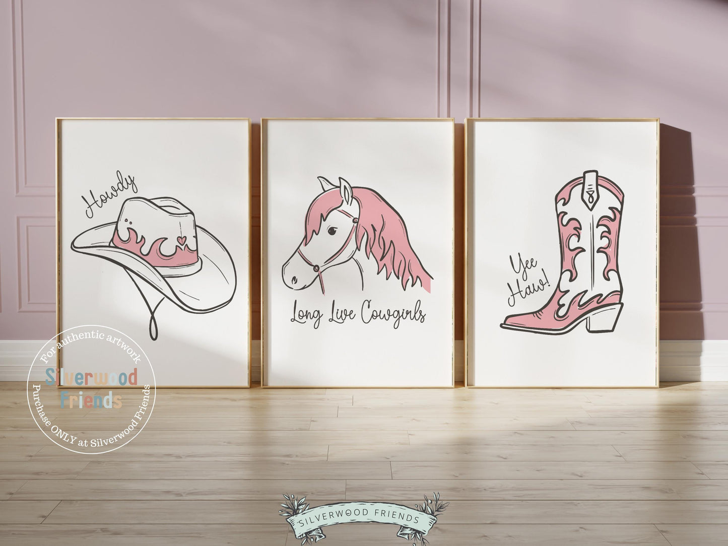 Add a touch of western charm to your baby girl’s space with our Silverwood Friends Set of 3 Cowgirl Nursery Prints, featuring minimalist line art of cowgirl essentials in soft pink and brown tones. These stylish prints are perfect for a western-themed nursery or a unique and thoughtful baby shower gift.
