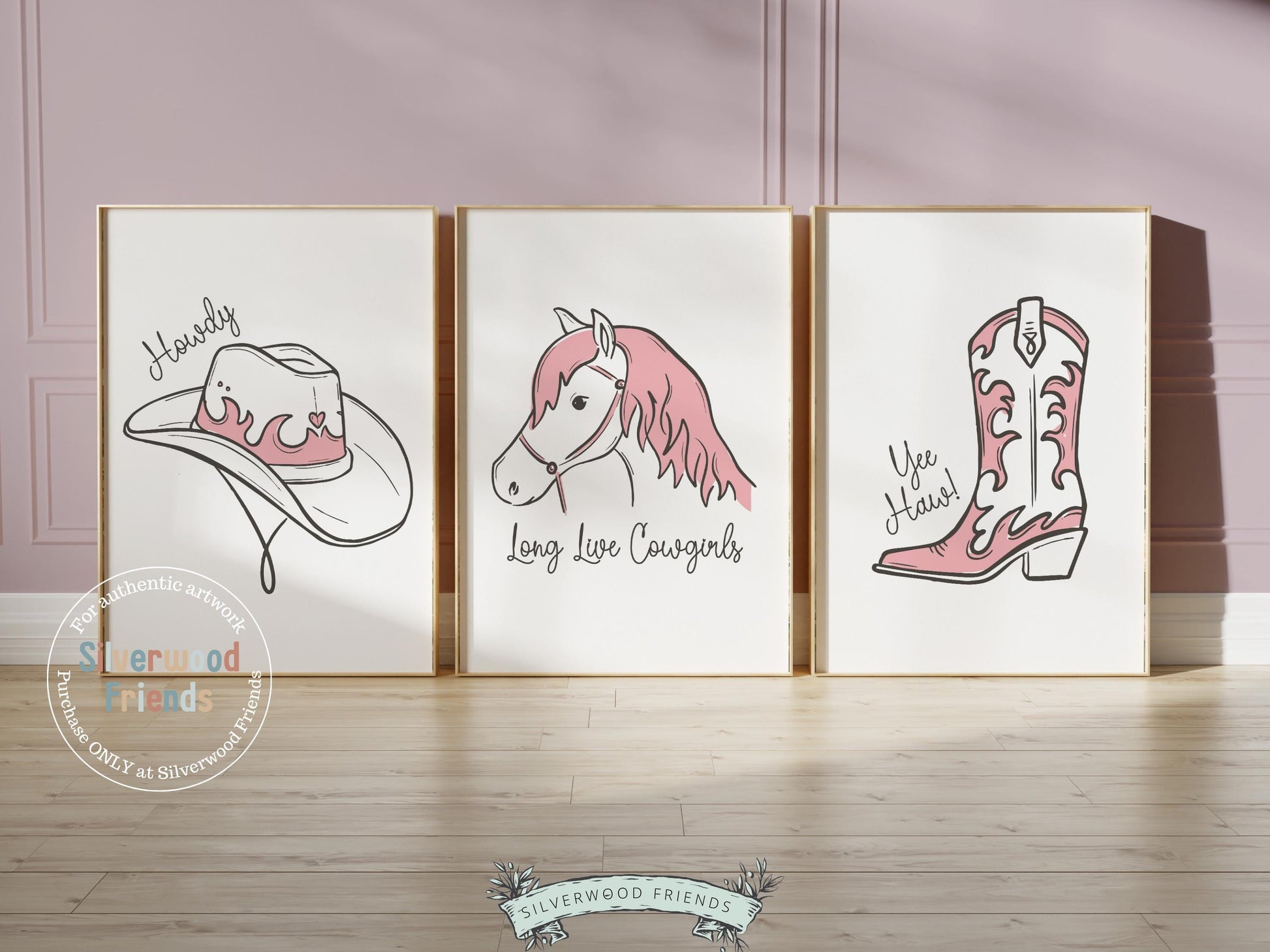 Add a touch of western charm to your baby girl’s space with our Silverwood Friends Set of 3 Cowgirl Nursery Prints, featuring minimalist line art of cowgirl essentials in soft pink and brown tones. These stylish prints are perfect for a western-themed nursery or a unique and thoughtful baby shower gift.