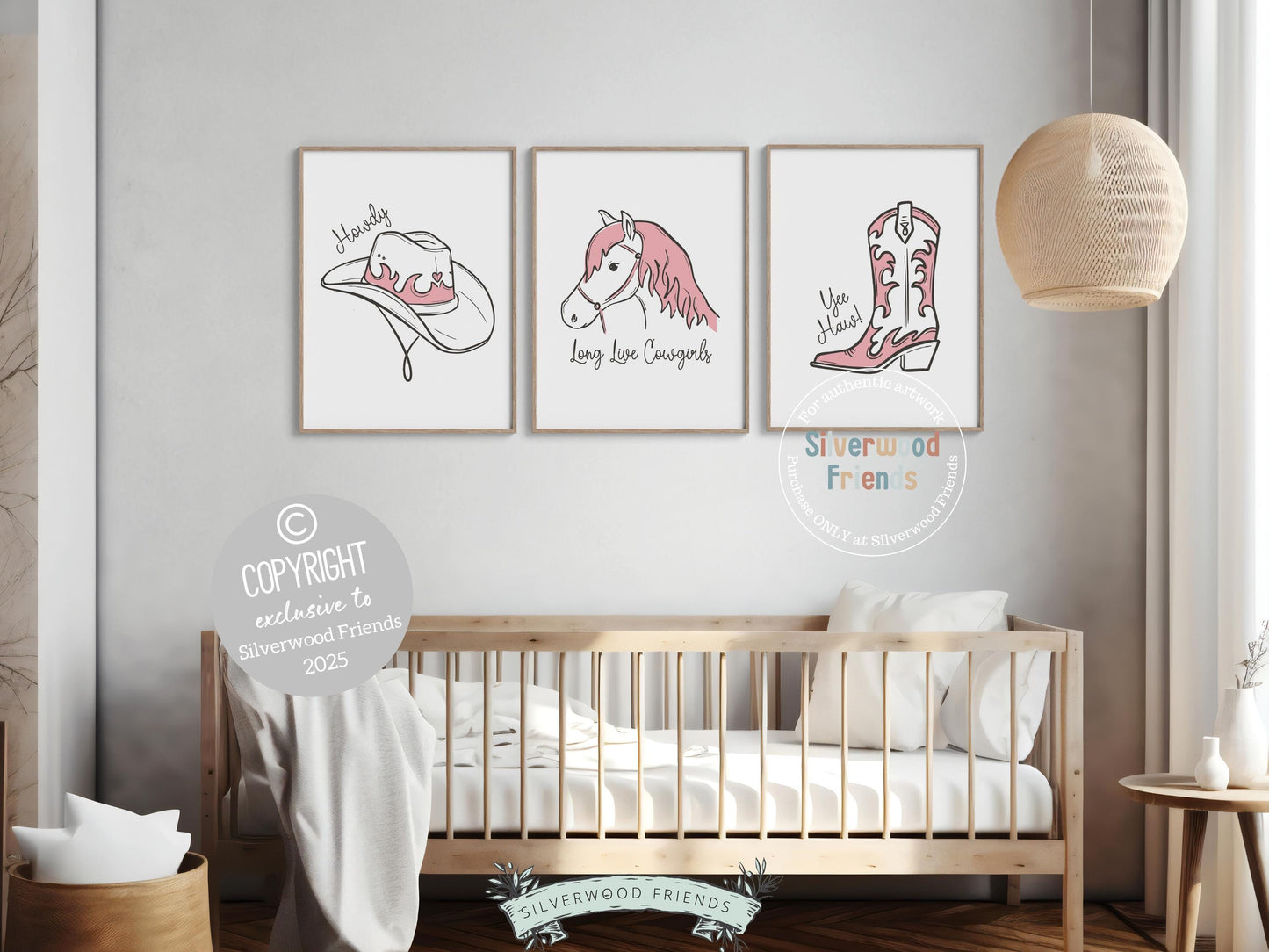 Add a touch of western charm to your baby girl’s space with our Silverwood Friends Set of 3 Cowgirl Nursery Prints, featuring minimalist line art of cowgirl essentials in soft pink and brown tones. These stylish prints are perfect for a western-themed nursery or a unique and thoughtful baby shower gift.