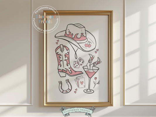 Add a splash of western flair to your space with our Cowgirl Print, featuring elegant line drawings of cowgirl essentials—hat, boots, martini glass, dice, and playing cards. Perfect for country-themed decor, this stylish and versatile piece brings a playful yet polished touch to any cowgirl-inspired room or gallery wall.