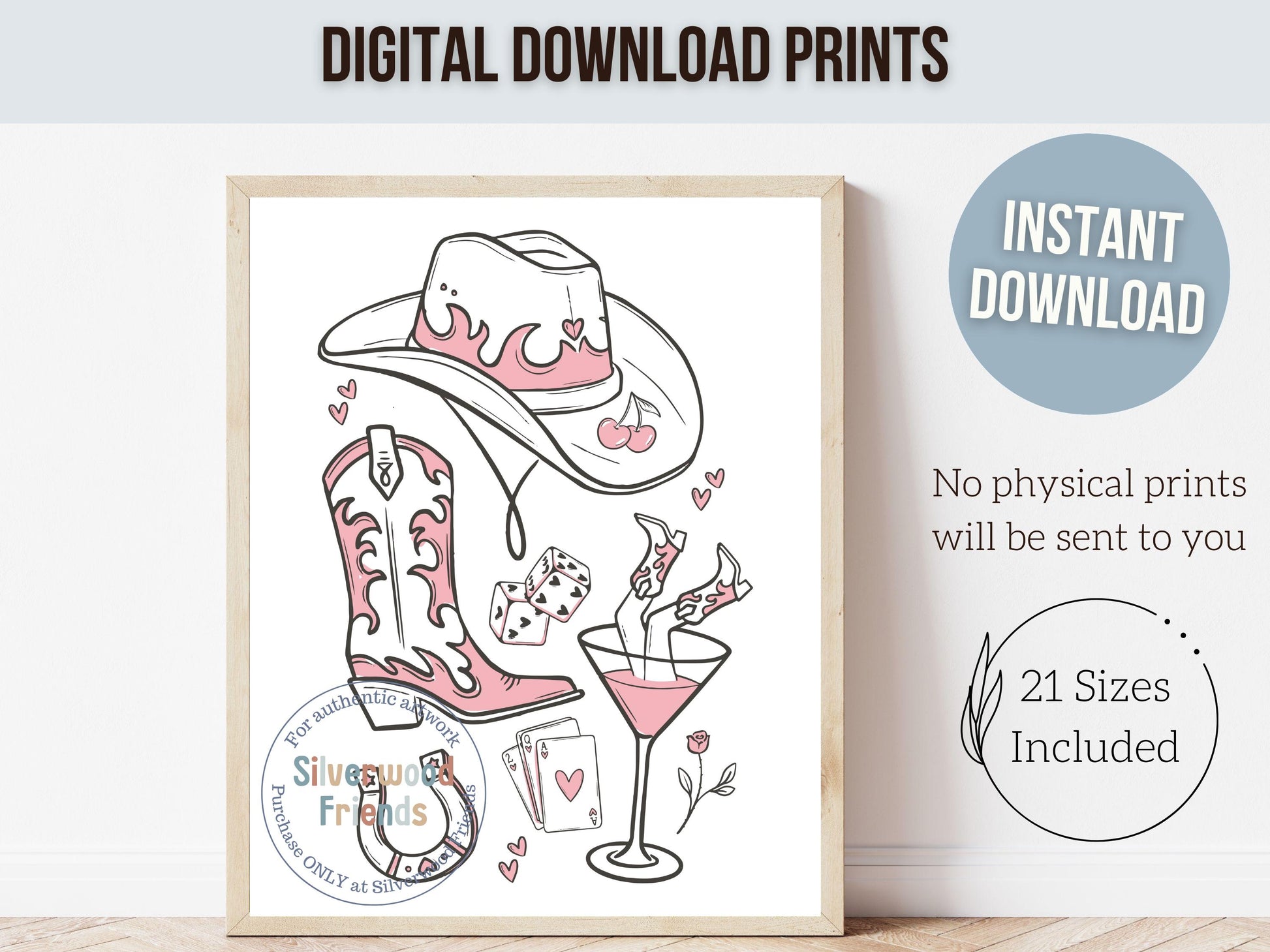 Pink Cowgirl Hat Print, Cowgirl Boots Print, Martini Print, Coquette Room Decor, Western Horse Shoe Wall Art, Dopamine Decor Digital Print
