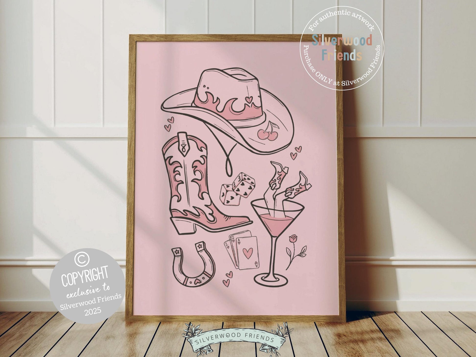 Add a splash of western flair to your space with our Cowgirl Print, featuring elegant line drawings of cowgirl essentials—hat, boots, martini glass, dice, and playing cards on a pink background. Perfect for country-themed decor, this stylish and versatile piece brings a playful yet polished touch to any cowgirl-inspired room or gallery wall.