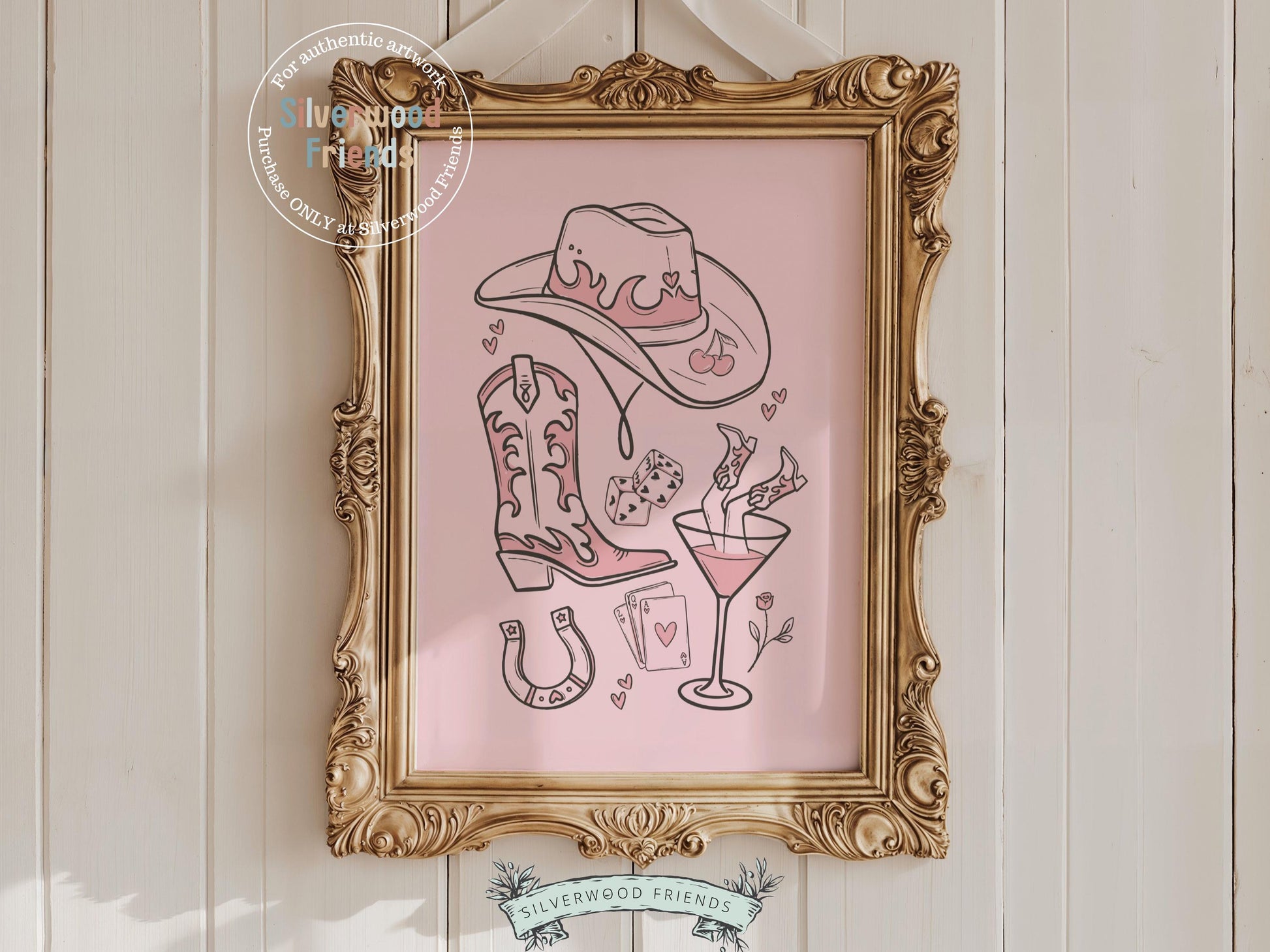 Add a splash of western flair to your space with our Cowgirl Print, featuring elegant line drawings of cowgirl essentials—hat, boots, martini glass, dice, and playing cards on a pink background. Perfect for country-themed decor, this stylish and versatile piece brings a playful yet polished touch to any cowgirl-inspired room or gallery wall.