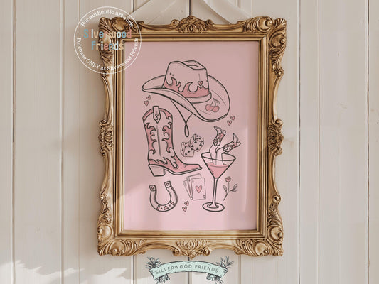 Add a splash of western flair to your space with our Cowgirl Print, featuring elegant line drawings of cowgirl essentials—hat, boots, martini glass, dice, and playing cards on a pink background. Perfect for country-themed decor, this stylish and versatile piece brings a playful yet polished touch to any cowgirl-inspired room or gallery wall.